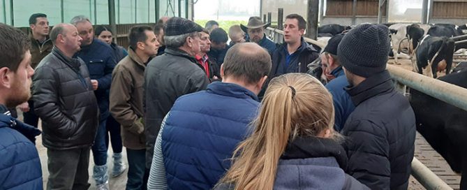 Les éleveurs présents à l'AG de Prim'Team 76 en train de visiter l'étable du GAEC d'Escure