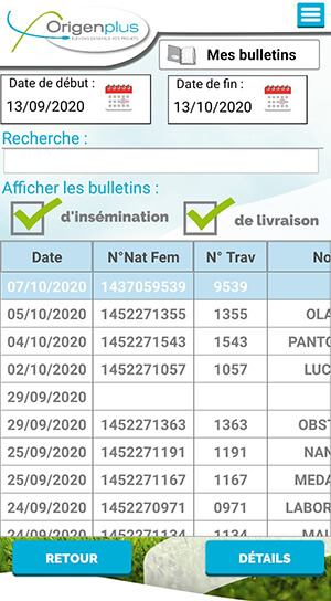 Capture d'écran de la page des bulletins de l'application Origenplus
