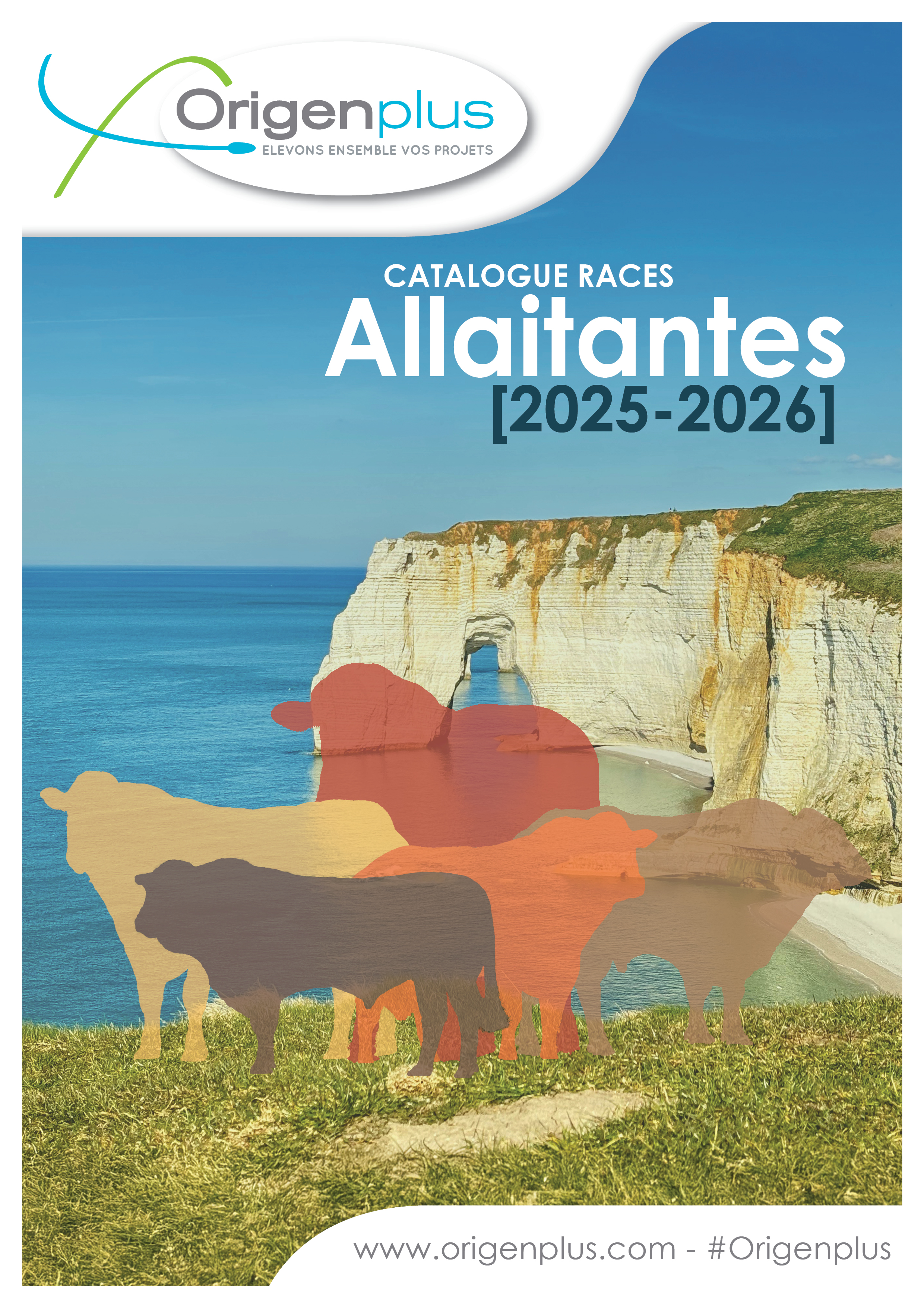 Illustration de cinq silhouettes de bovins de différentes couleurs devant les falaises d’Étretat, avec le logo Origenplus et le titre 