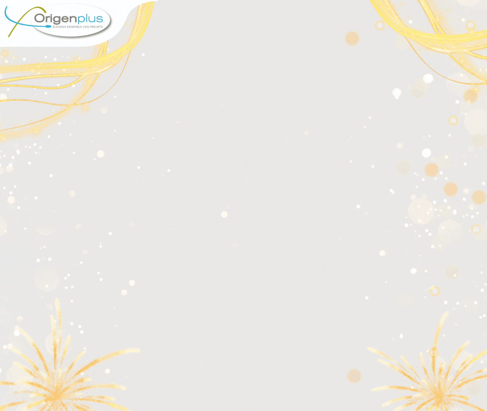 Fond gris clair avec des motifs festifs dorés en haut et en bas, évoquant des feux d’artifice et des décorations. En haut à gauche, le logo Origenplus accompagné du slogan “Élevons ensemble, vos projets”. Texte : Bonne année 2026. Dans des bulles une vache Normande, Holstein et Charolaise.
