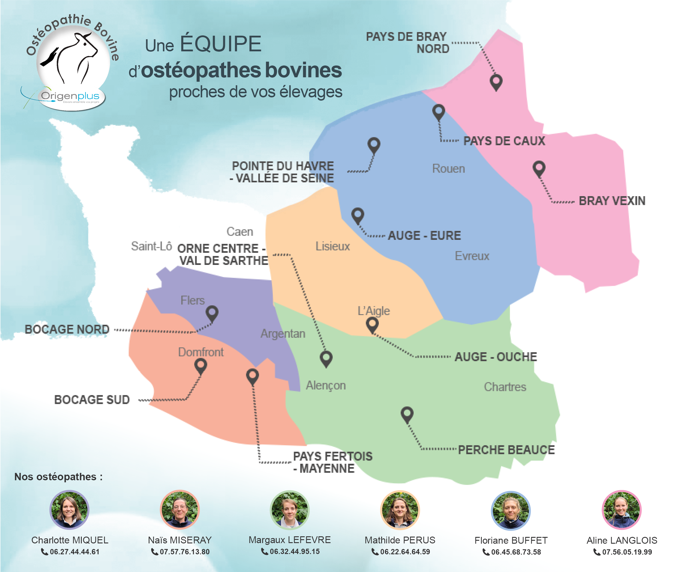 Carte présentant les zones d'intervention des ostéopathes bovins ainsi que leurs coordonnées - Service Ostéopathie Bovine