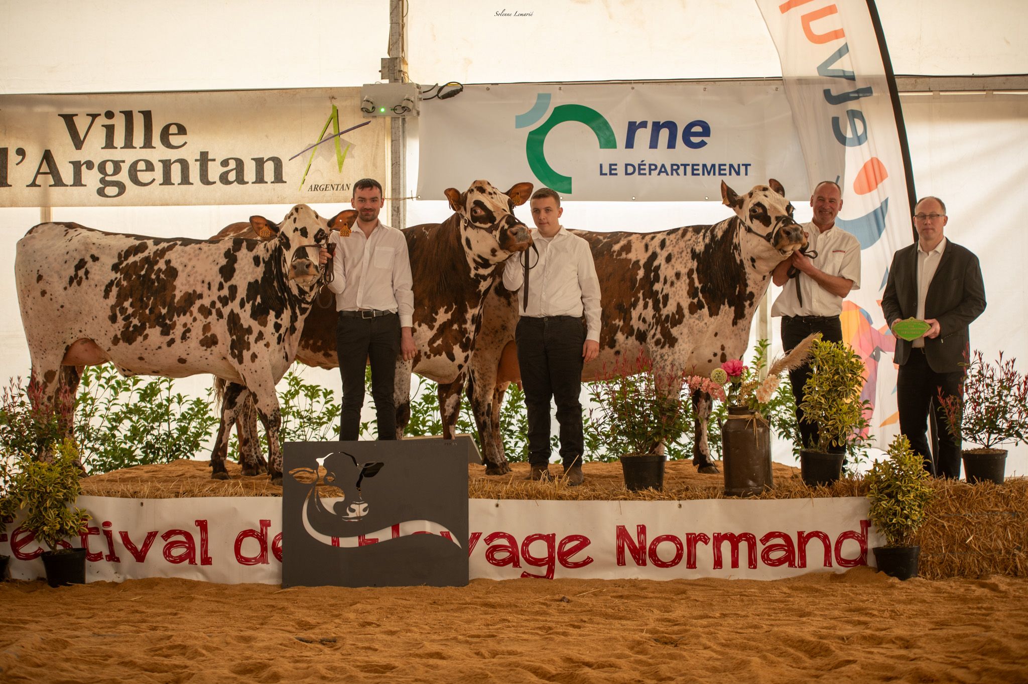 Groupe d’éleveurs et d’éleveuses posant sur un ring avec plusieurs vaches de race Normande lors du concours départemental à la Fête de la Normandie à Argentan. Prix de famille