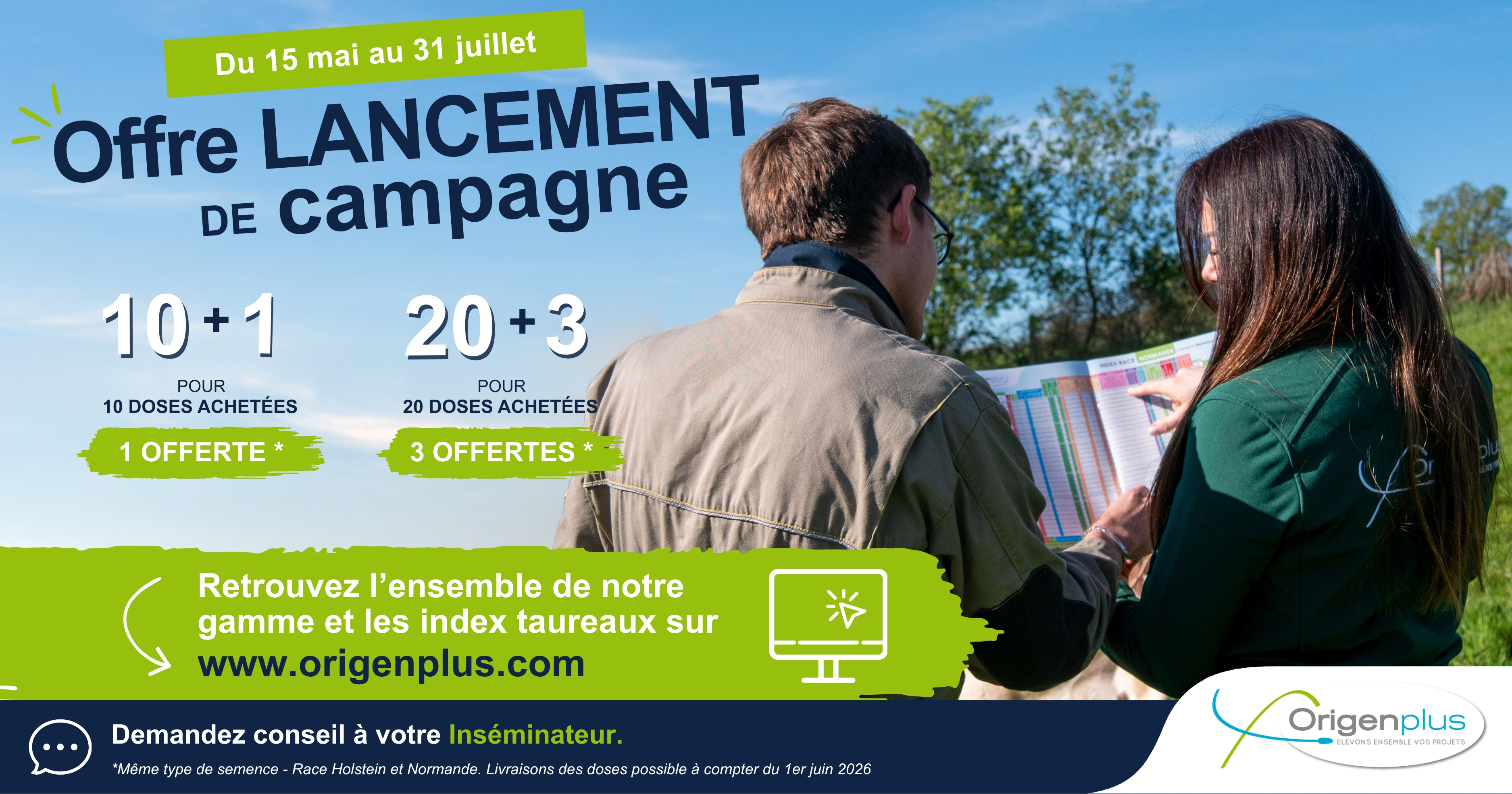 Visuel Origenplus offre de campagne génétique bovine avec promotion sur doses de semence : 10 + 1 offerte et 20 + 3 offertes pour accouplements Holstein et Normand